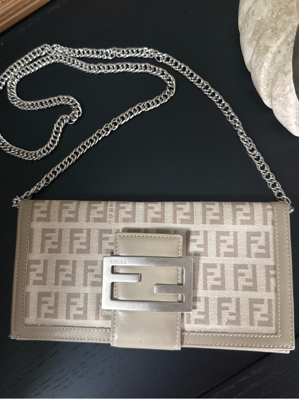 Fendi Beige FF Logo Chain Wallet-on-Chain